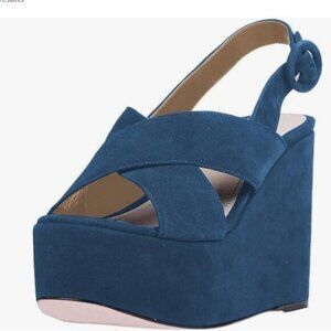 YDN Navy Wedge High Heels Platform Sandals Peep Toe Slingback Buckle Pumps